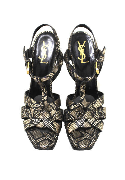 Saint Laurent Metallic Black/Gold Python Embossed Leather Tribute Platform Sandals Size 39