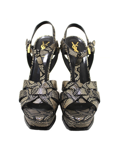 Saint Laurent Metallic Black/Gold Python Embossed Leather Tribute Platform Sandals Size 39