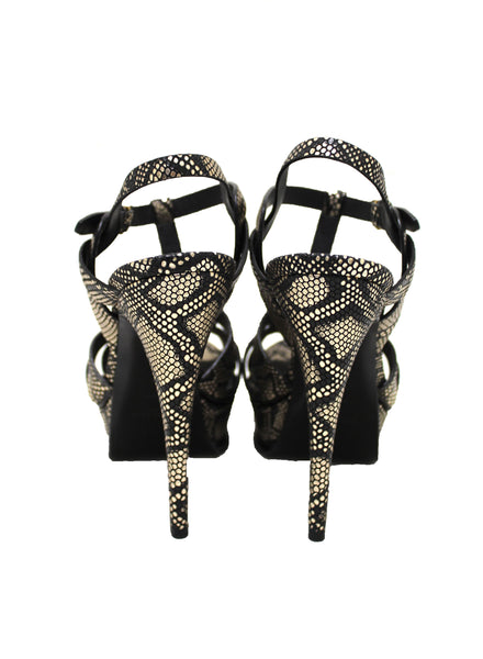 Saint Laurent Metallic Black/Gold Python Embossed Leather Tribute Platform Sandals Size 39