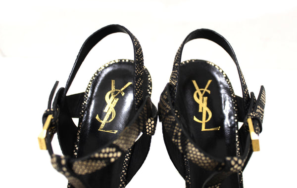 Saint Laurent Metallic Black/Gold Python Embossed Leather Tribute Platform Sandals Size 39