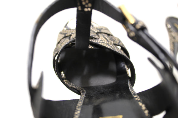 Saint Laurent Metallic Black/Gold Python Embossed Leather Tribute Platform Sandals Size 39