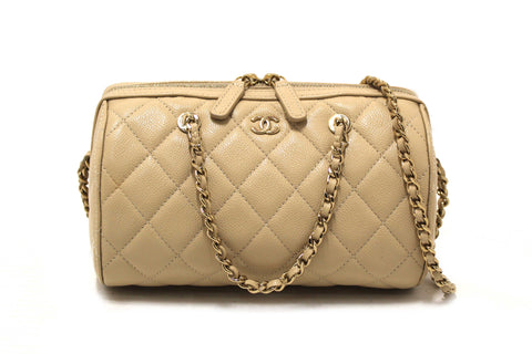 Chanel Beige Quilted Caviar Leather Mini Bowling with Chain Bag