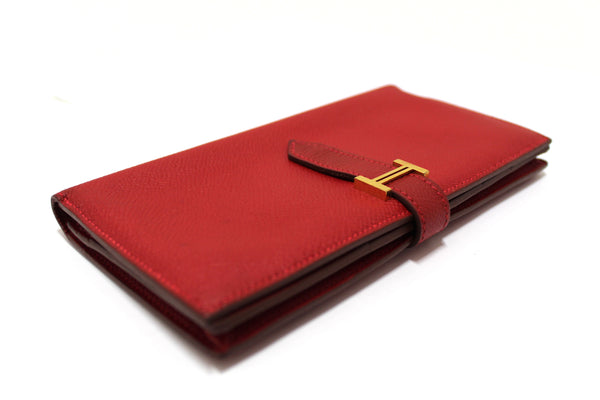 Hermes Darke Red Chevre Leather Bearn Long Bifold Wallet