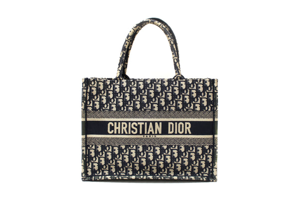 Christian Dior Ecru and Blue Dior Oblique Embroidery Medium Dior Book Tote
