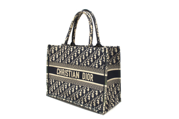 Christian Dior Ecru and Blue Dior Oblique Embroidery Medium Dior Book Tote