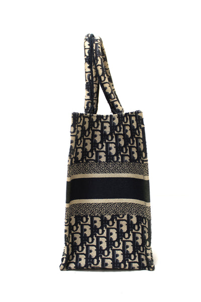 Christian Dior Ecru and Blue Dior Oblique Embroidery Medium Dior Book Tote
