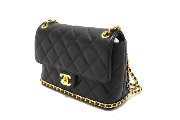 Chanel Black Quilted Caviar Leather Camellia Chain Around Flap Shoulder Bag