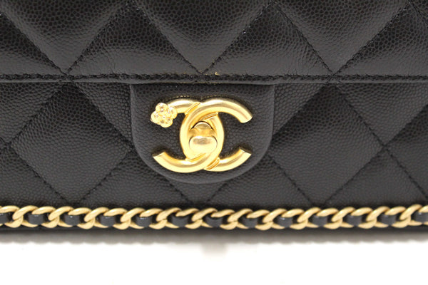 Chanel Black Quilted Caviar Leather Camellia Chain Around Flap Shoulder Bag