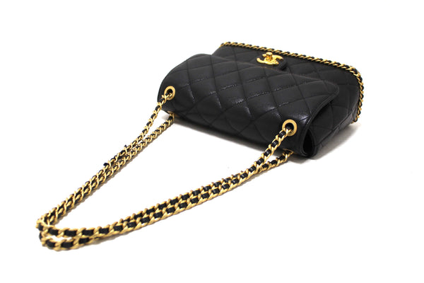 Chanel Black Quilted Caviar Leather Camellia Chain Around Flap Shoulder Bag