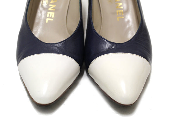 Chanel Navy and White Leather Pointed Heel size 35.5