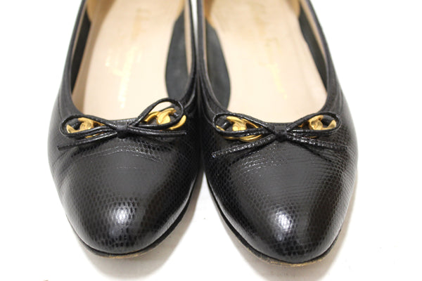 Salvatore Ferragamo Black Snakeskin Embossed Leather Pumps Size 6.5