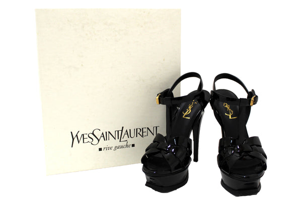 Yves Saint Laurent YSL Black Patent Leather Tribute Platform Sandals Size 34.5