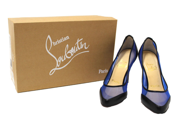 Christian Louboutin Galativi Black Leather and Blue Mesh Pointed Toe Stiletto Heel Size 34.5