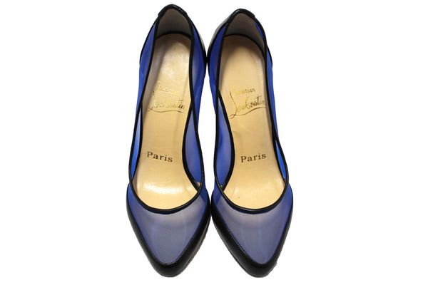 Christian Louboutin Galativi Black Leather and Blue Mesh Pointed Toe Stiletto Heel Size 34.5
