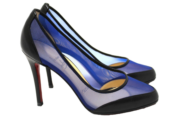 Christian Louboutin Galativi Black Leather and Blue Mesh Pointed Toe Stiletto Heel Size 34.5