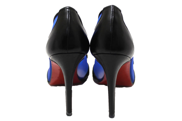 Christian Louboutin Galativi Black Leather and Blue Mesh Pointed Toe Stiletto Heel Size 34.5