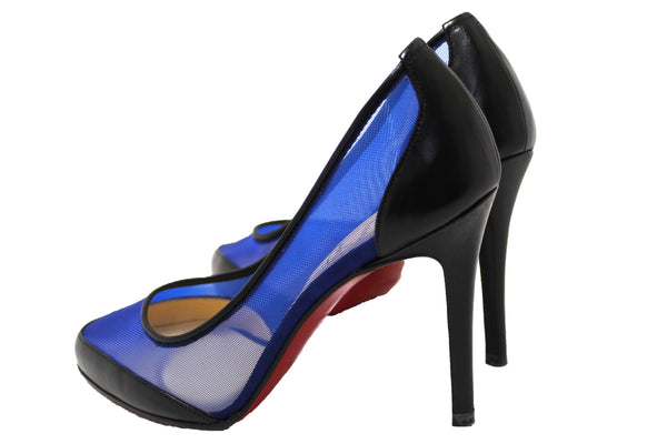 Christian Louboutin Galativi Black Leather and Blue Mesh Pointed Toe Stiletto Heel Size 34.5