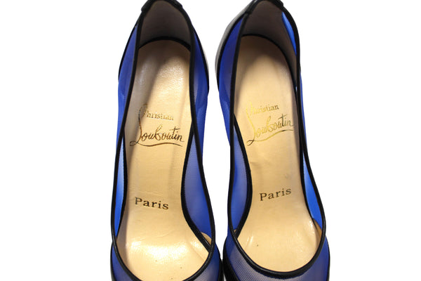 Christian Louboutin Galativi Black Leather and Blue Mesh Pointed Toe Stiletto Heel Size 34.5