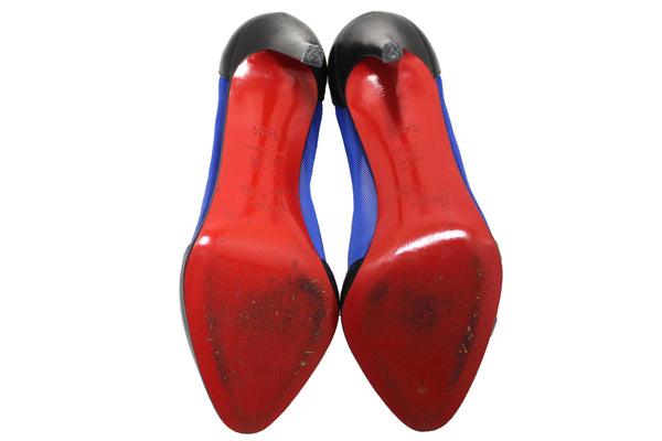 Christian Louboutin Galativi Black Leather and Blue Mesh Pointed Toe Stiletto Heel Size 34.5