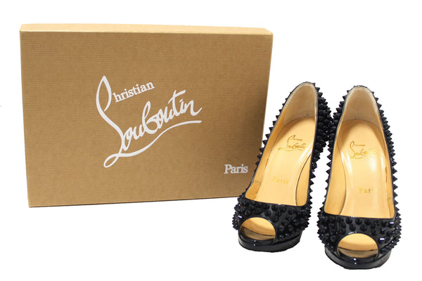 Christian Louboutin Blue Patent Leather Yolanda Spikes Peep Toe Pumps Size 34.5