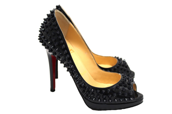 Christian Louboutin Blue Patent Leather Yolanda Spikes Peep Toe Pumps Size 34.5