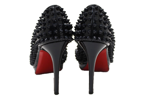 Christian Louboutin Blue Patent Leather Yolanda Spikes Peep Toe Pumps Size 34.5