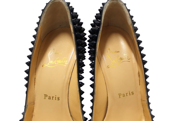 Christian Louboutin Blue Patent Leather Yolanda Spikes Peep Toe Pumps Size 34.5