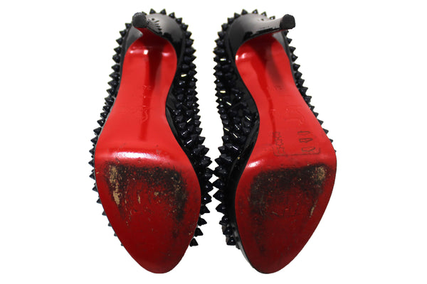 Christian Louboutin Blue Patent Leather Yolanda Spikes Peep Toe Pumps Size 34.5