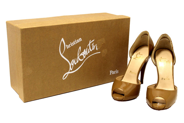 Christian Louboutin Beige Patent Leather Peep Toe Pumps Size 34.5