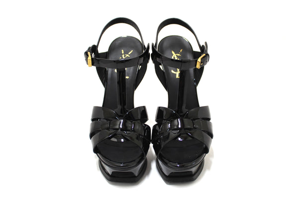 Yves Saint Laurent YSL Black Patent Leather Tribute Platform Sandals Size 34.5