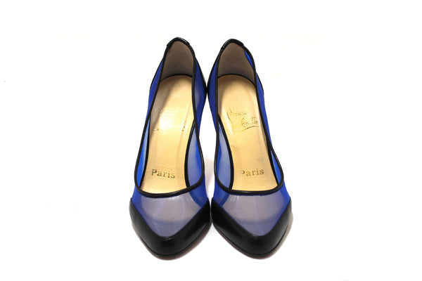 Christian Louboutin Galativi Black Leather and Blue Mesh Pointed Toe Stiletto Heel Size 34.5