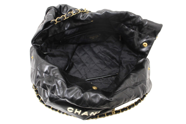 Chanel 22 Black Shiny Calfskin Leather Shoulder Tote Bag