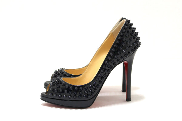 Christian Louboutin Blue Patent Leather Yolanda Spikes Peep Toe Pumps Size 34.5
