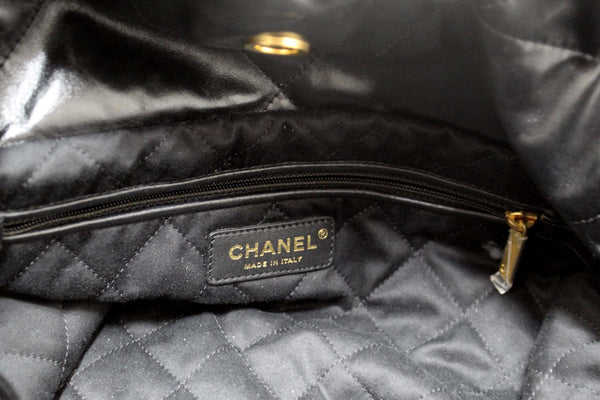 Chanel 22 Black Shiny Calfskin Leather Shoulder Tote Bag
