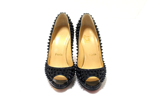 Christian Louboutin Blue Patent Leather Yolanda Spikes Peep Toe Pumps Size 34.5
