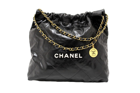 Chanel 22 Black Shiny Calfskin Leather Shoulder Tote Bag