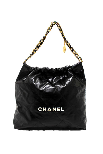 Chanel 22 Black Shiny Calfskin Leather Shoulder Tote Bag