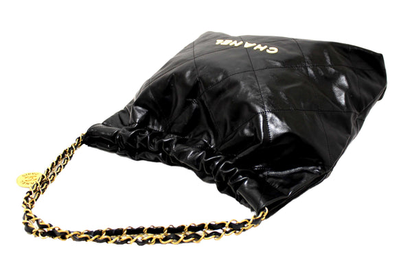 Chanel 22 Black Shiny Calfskin Leather Shoulder Tote Bag