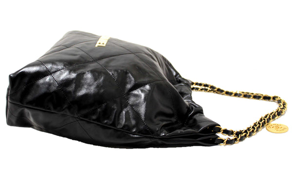 Chanel 22 Black Shiny Calfskin Leather Shoulder Tote Bag
