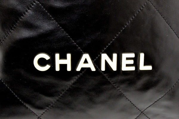 Chanel 22 Black Shiny Calfskin Leather Shoulder Tote Bag