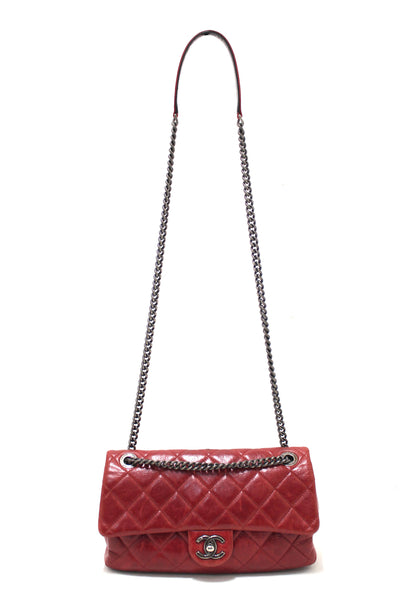 Chanel Red Aged Calfskin Leather Quilted Medium Easy Flap Shoulder Bag