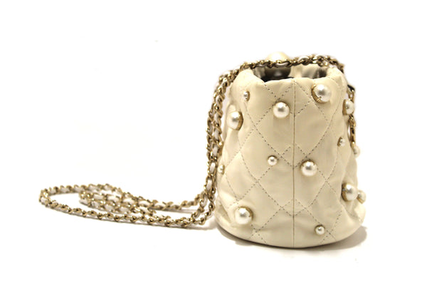 Chanel Quilted Lambskin with Pearls Mini Drawstring Bucket Bag