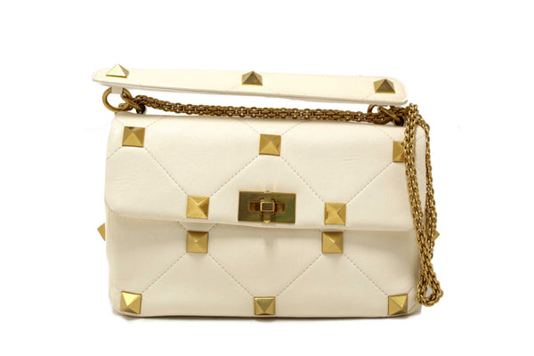 Valentino Garavani Large Roman Stud White Nappa Leather Shoulder Bag