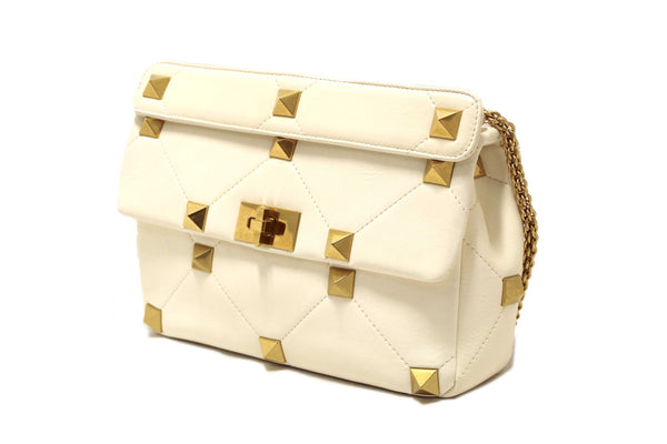 Valentino Garavani Large Roman Stud White Nappa Leather Shoulder Bag