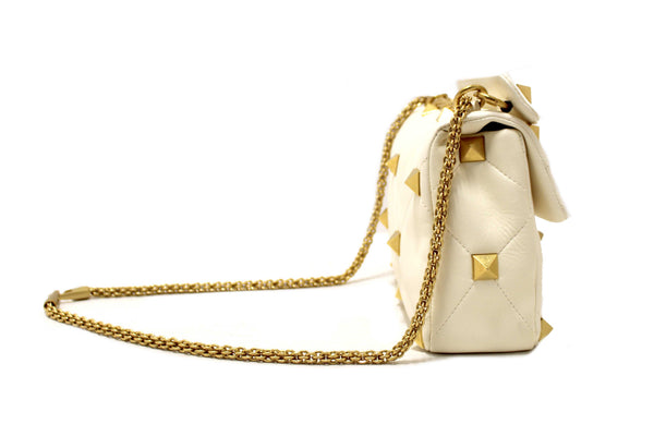 Valentino Garavani Large Roman Stud White Nappa Leather Shoulder Bag