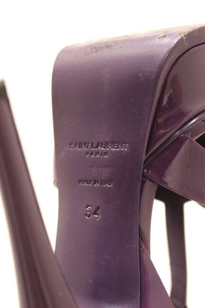 Authentic Yves Saint Laurent YSL Purple Patent Leather Tribute Platform Sandals Size 34