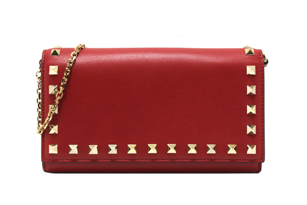 Valentino Garavani Red Vitello Small Rockstuf Flap Wallet on Chain
