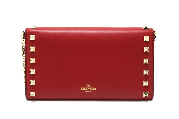 Valentino Garavani Red Vitello Small Rockstuf Flap Wallet on Chain