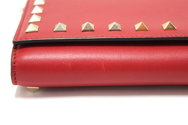 Valentino Garavani Red Vitello Small Rockstuf Flap Wallet on Chain