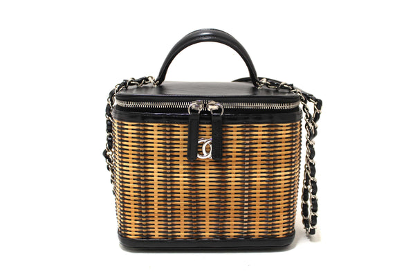 Chanel Black Calfskin and Raffia Vanity Case Shoulder Bag